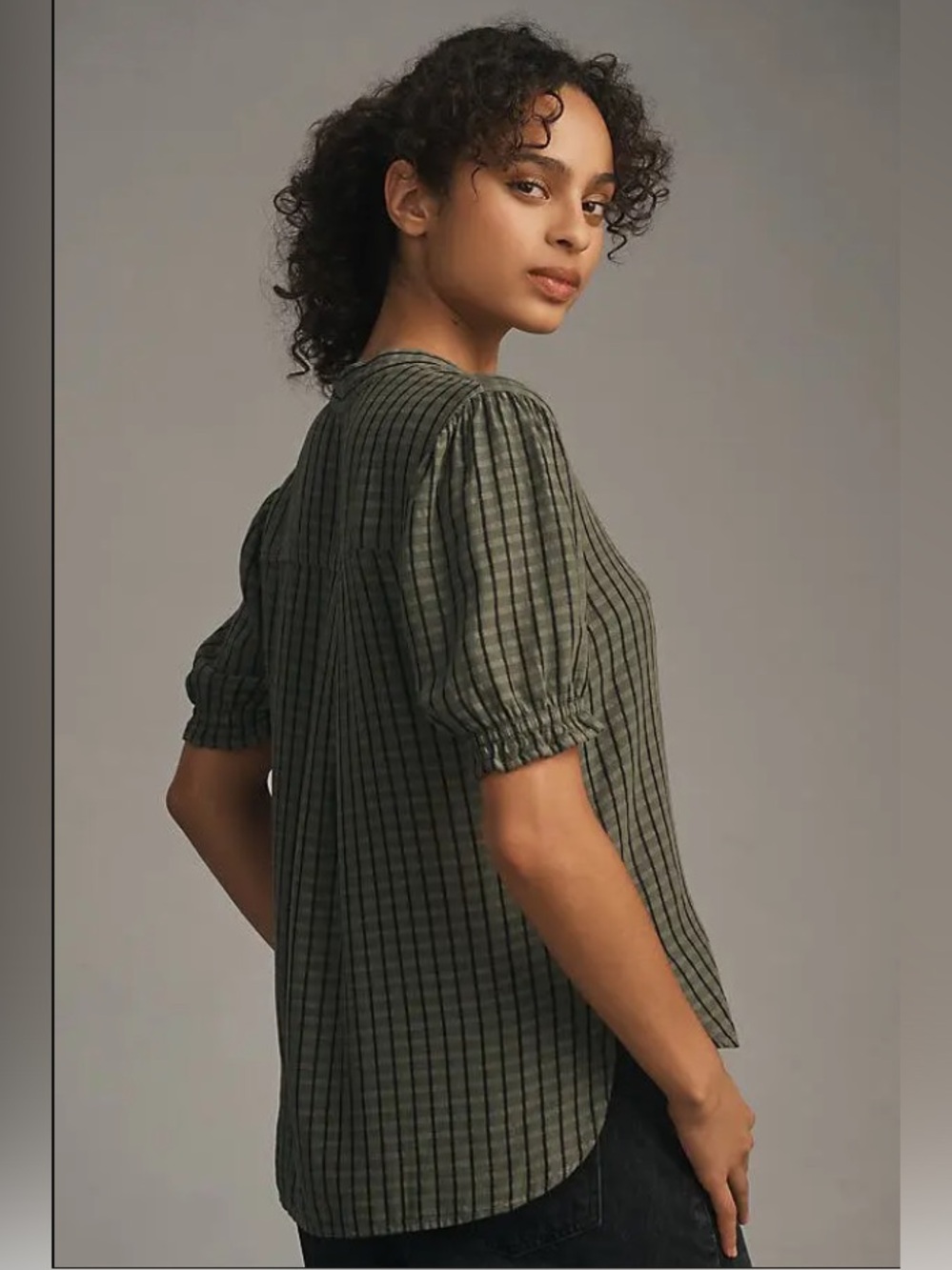 Cloth & Stone Puff-Sleeve Linen Blend Buttondown Gingham Top Dark Green Size S - Picture 3 of 11